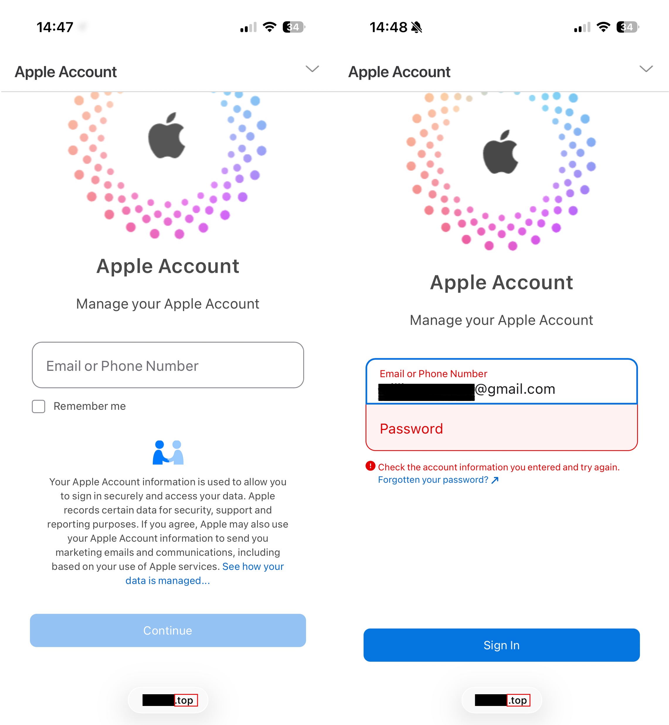 Sample fake Apple login page. The design mimics Apple's official site, but the domain is not apple.com. Source: Trend Micro
