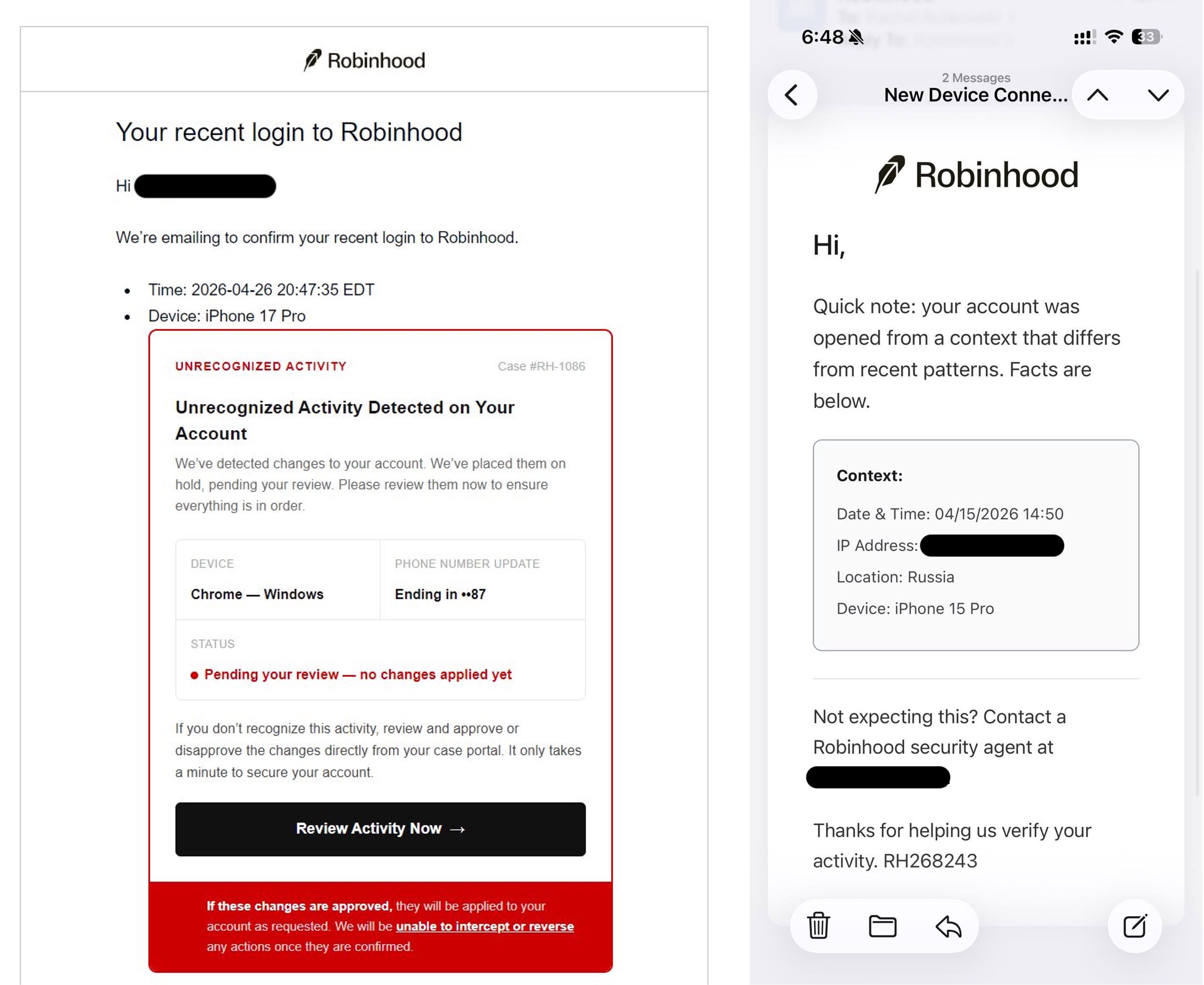 Robinhood phishing scam_sample