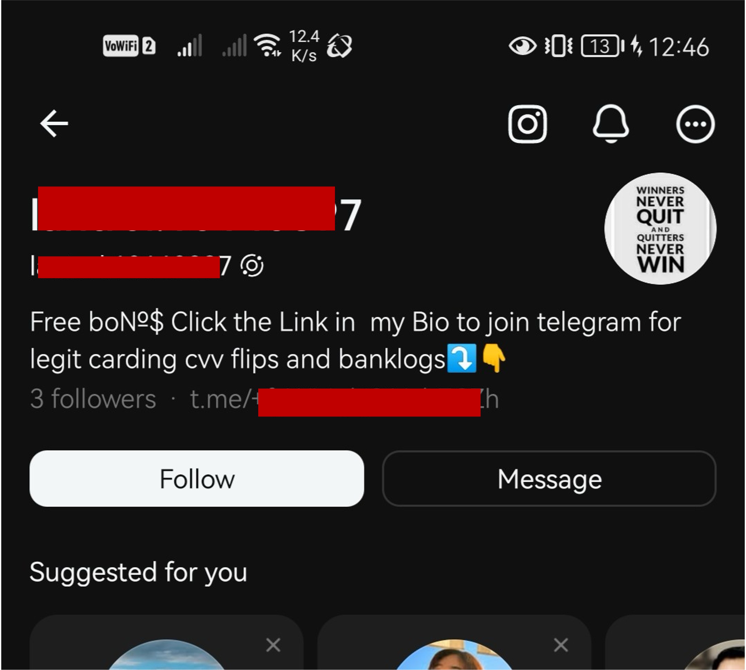 A Threads profile that offers credit card details as free gift with a Telegram group link