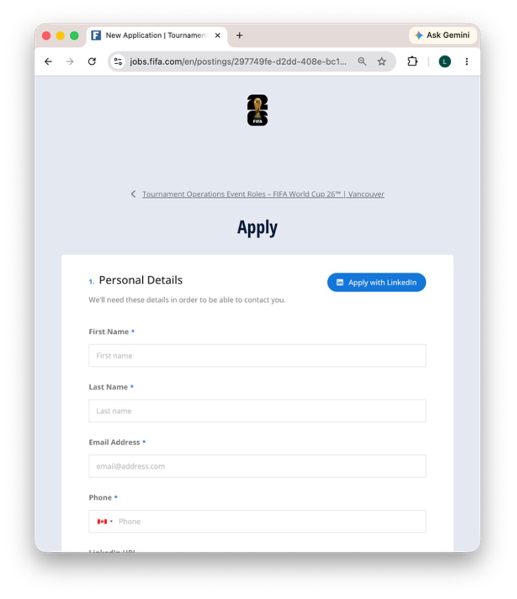 Real FIFA application form on jobs.fifa.com